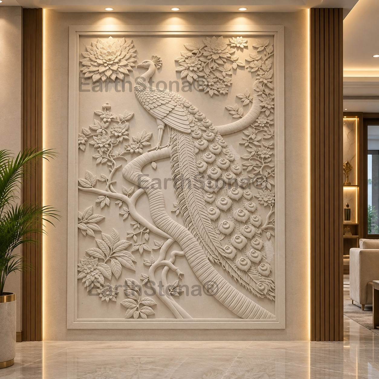 Royal peacock and floral 3D carved stone wall mural by EarthStona for a luxury interior